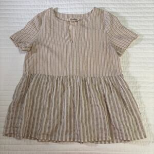 Listicle Babydoll Linen Blend Striped Short Sleeve Blouse Womens Medium